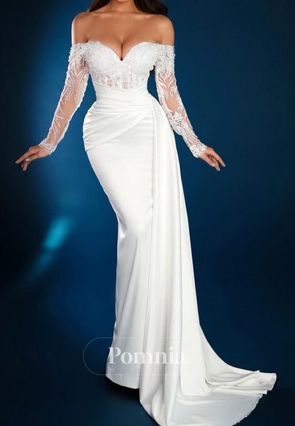 Sheath Long Sleeves Off-Shoulder Ruched Wedding Dress