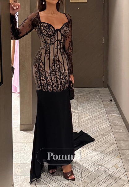 Sheath Long Sleeves Sweetheart Corset Black Prom Dress