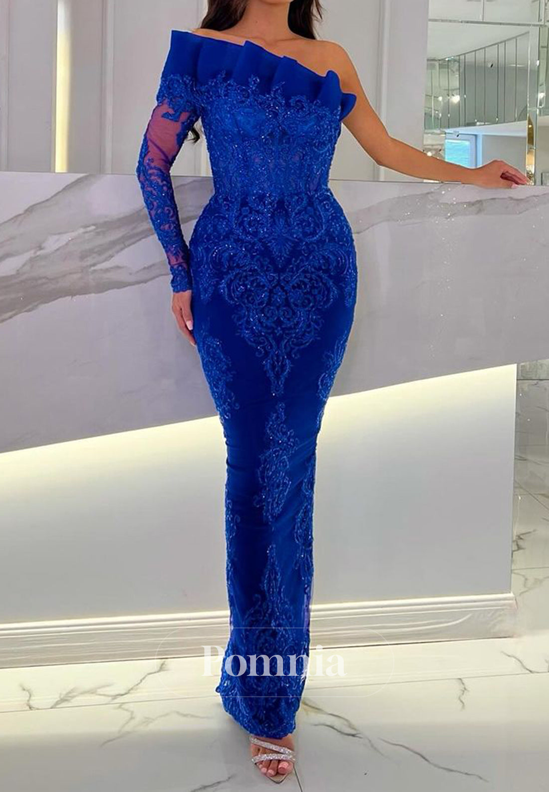 Sheath One Shoulder Long Sleeves Appliques Evening Dress