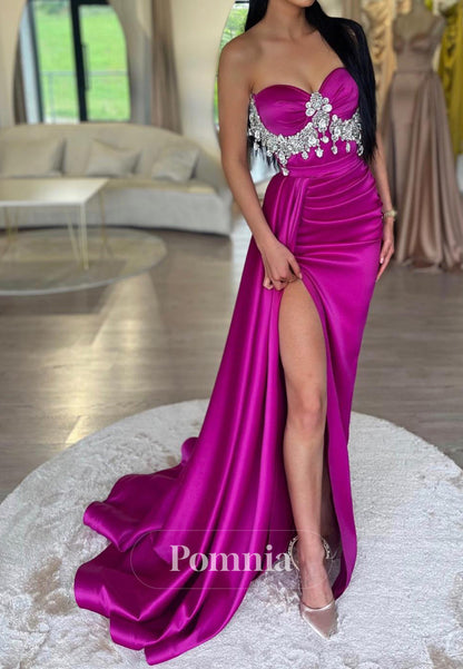 Sheath Sleeveless Strapless Beads Slit Evening Dress