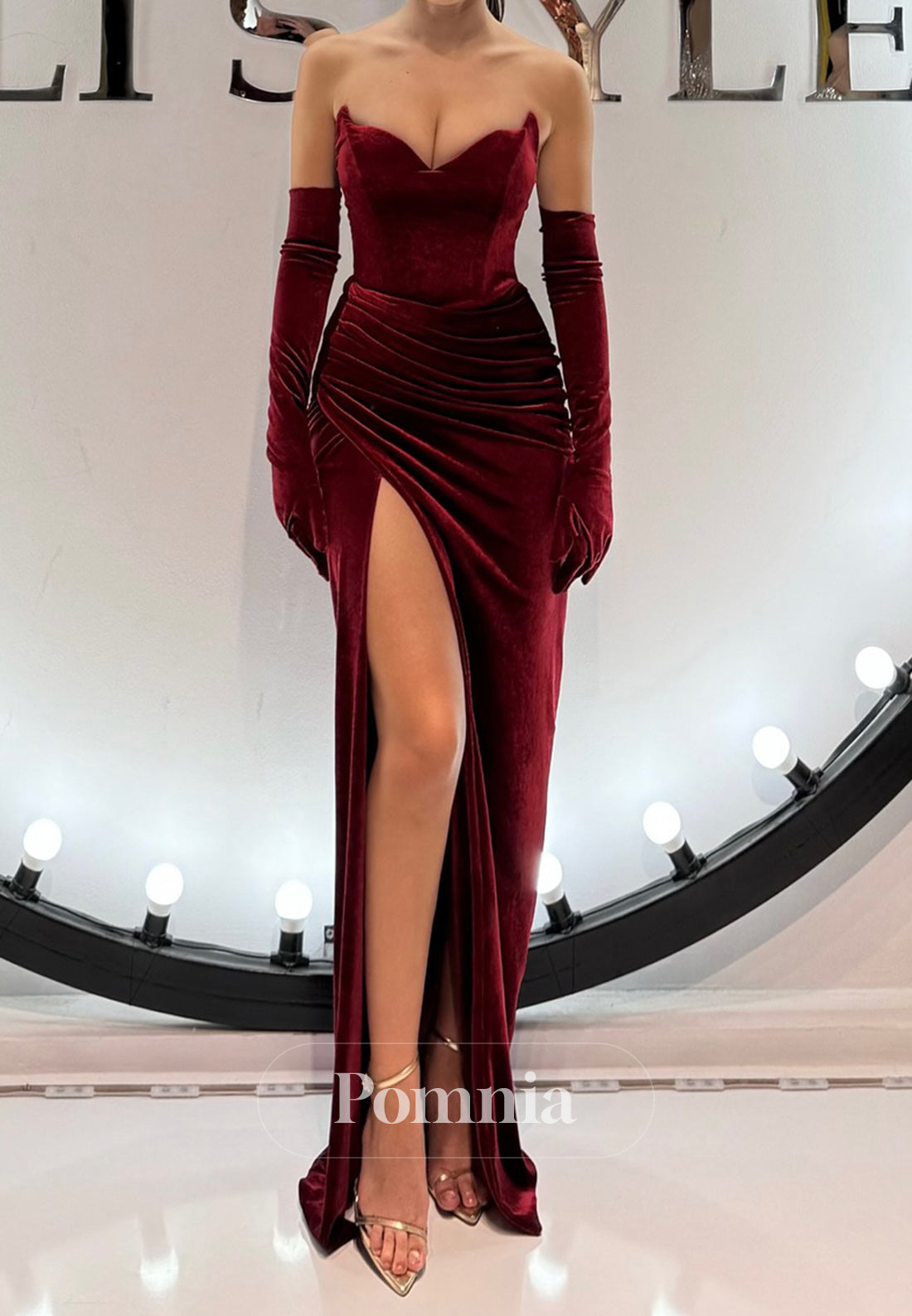 Sheath Strapless Sleeveless Slit Velvet Evening Dress