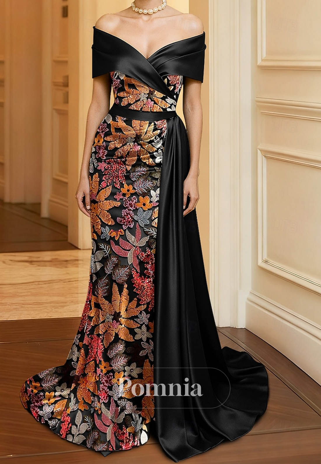 Elegant Vintage Glittering Short Sleeve Off-Shoulder Formal Satin Sequined with Glitter