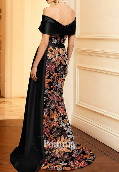 Elegant Vintage Glittering Short Sleeve Off-Shoulder Formal Satin Sequined with Glitter