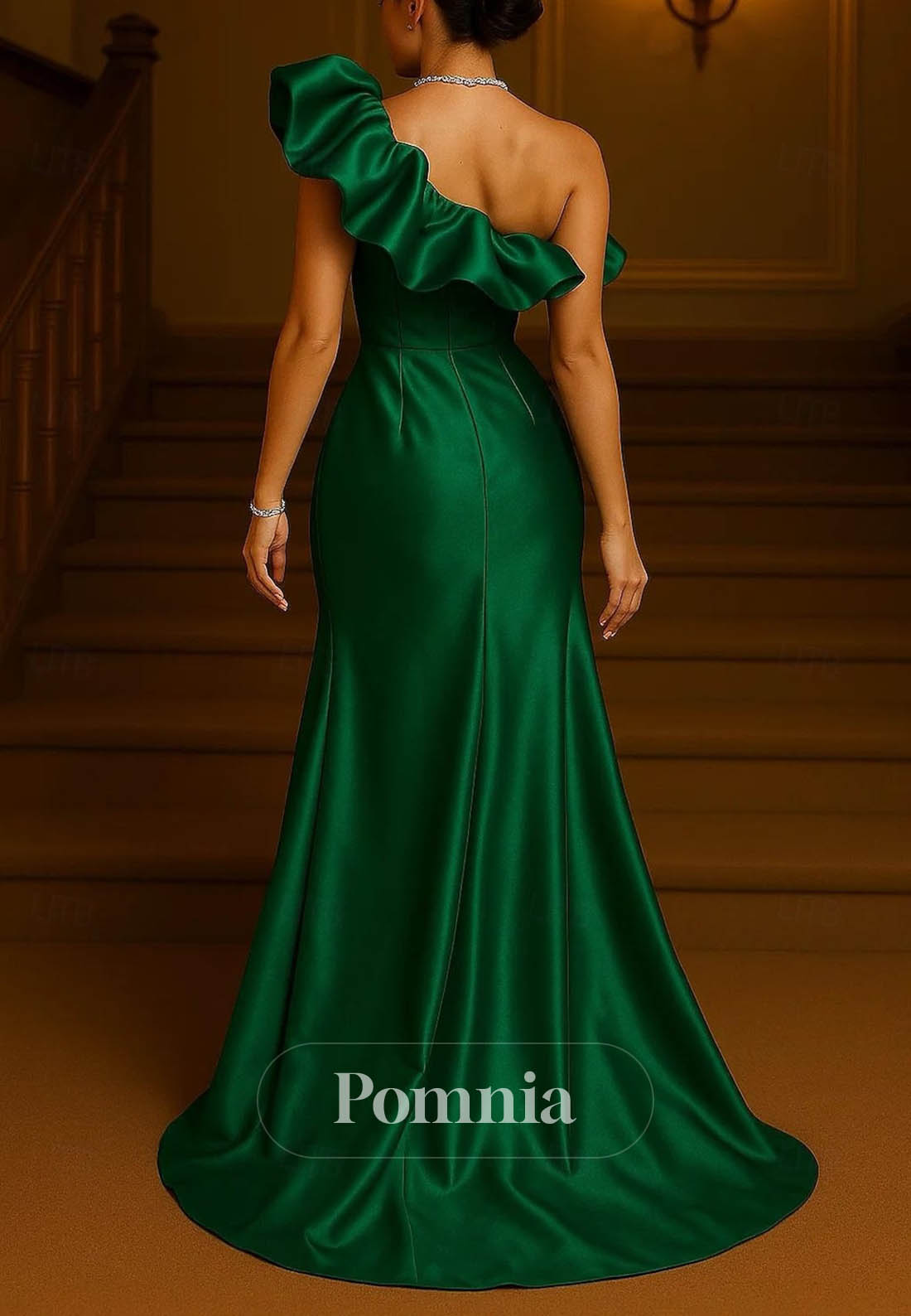 One Shoulder Formal Wedding Stretch Satin with Ruffles Slit