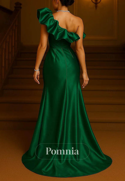 One Shoulder Formal Wedding Stretch Satin with Ruffles Slit