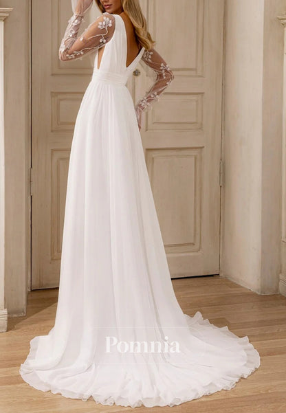 Deep V-Neck Floral Accents and Graceful Train Wedding Dress