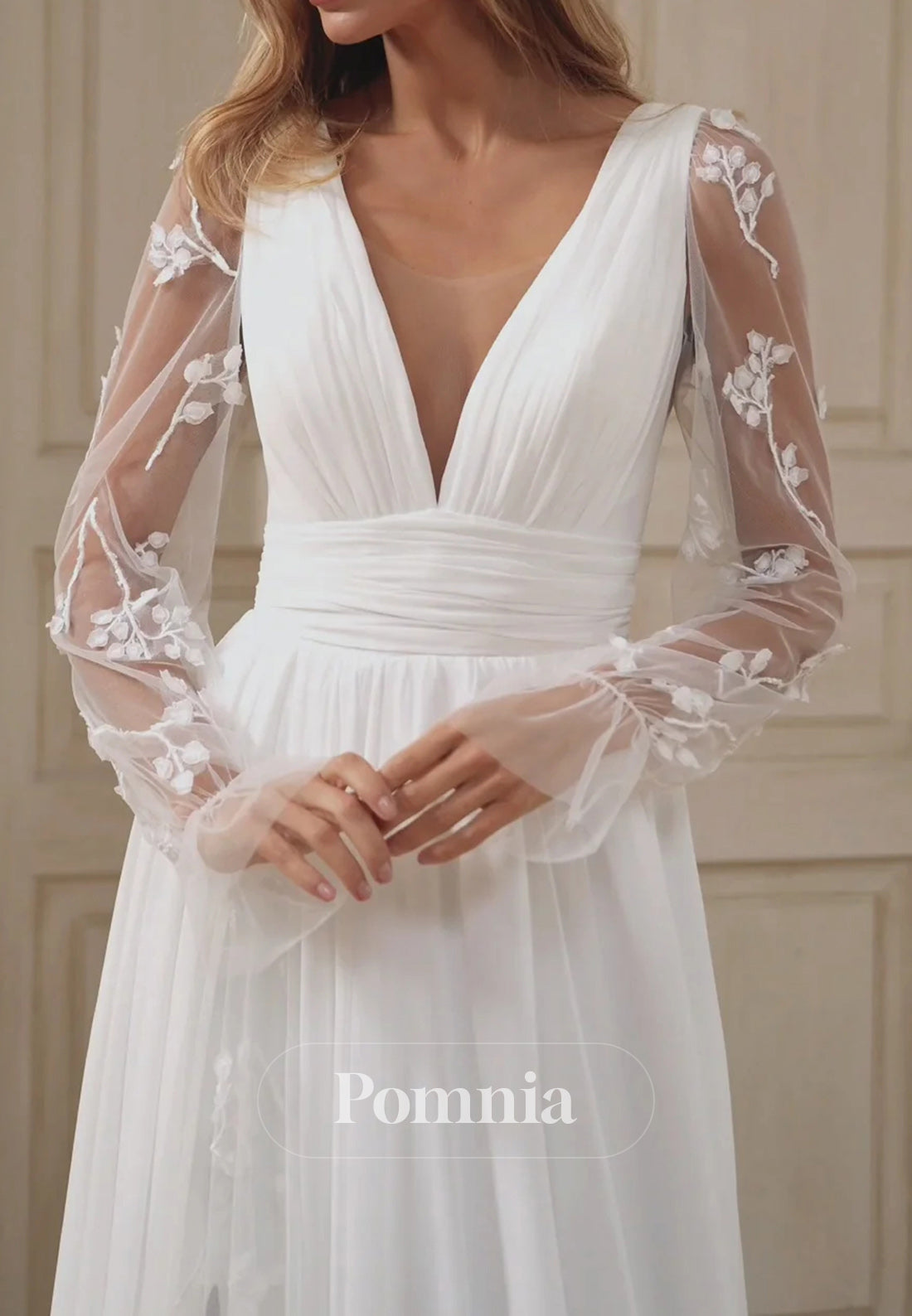 Deep V-Neck Floral Accents and Graceful Train Wedding Dress