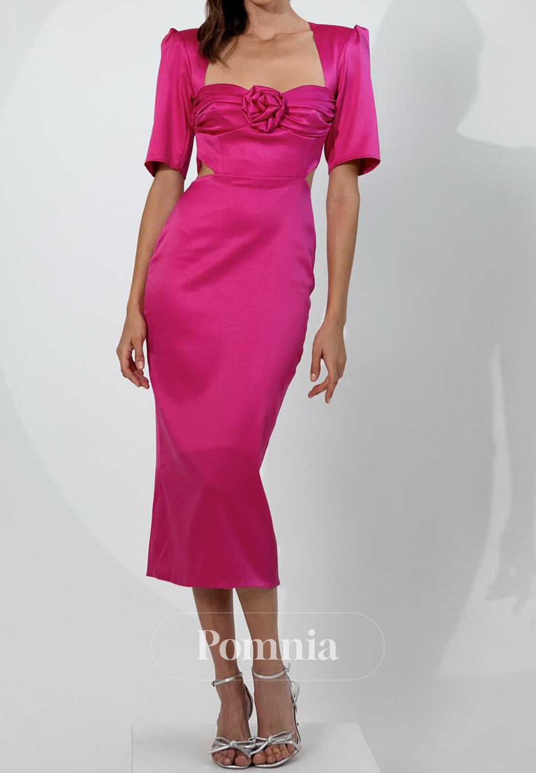 Short Sleeves Square Knee-Length Ruched Mother of the Bride Dress