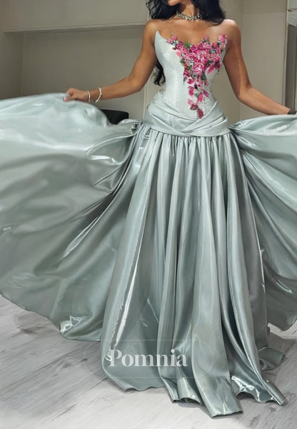 Simple A-Line Sleeveless Strapless Appliques Prom Dress