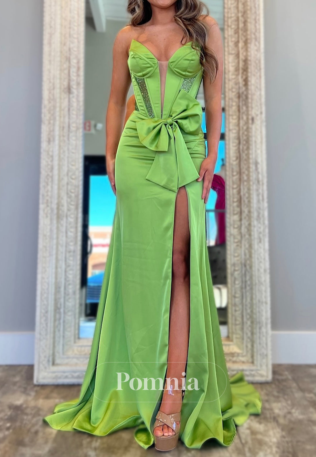 Simple A-Line Sleeveless Strapless Slit Bowknot Prom Dress