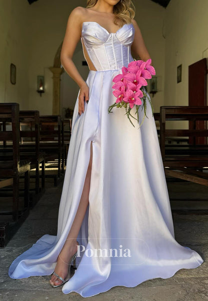 Simple A-Line Sleeveless Strapless Slit Corset Wedding Dress