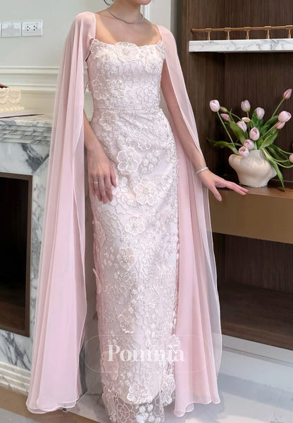 Simple Cape Square A-Line Floral Appliques Prom Dress