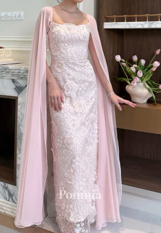 Simple Cape Square A-Line Floral Appliques Prom Dress