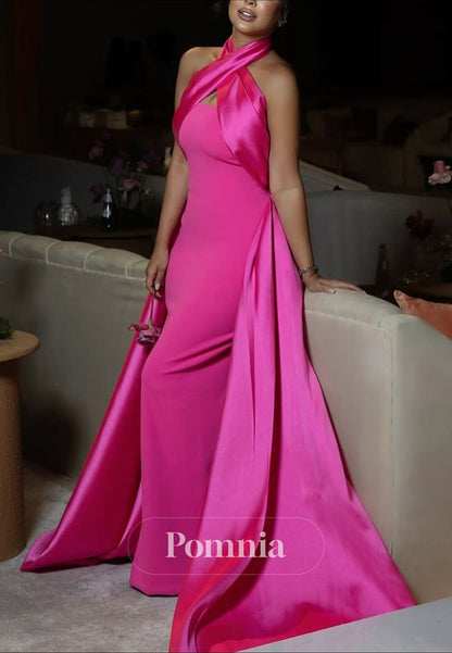 Simple Halter Sleeveless A-Line Sweep Train Evening Dress