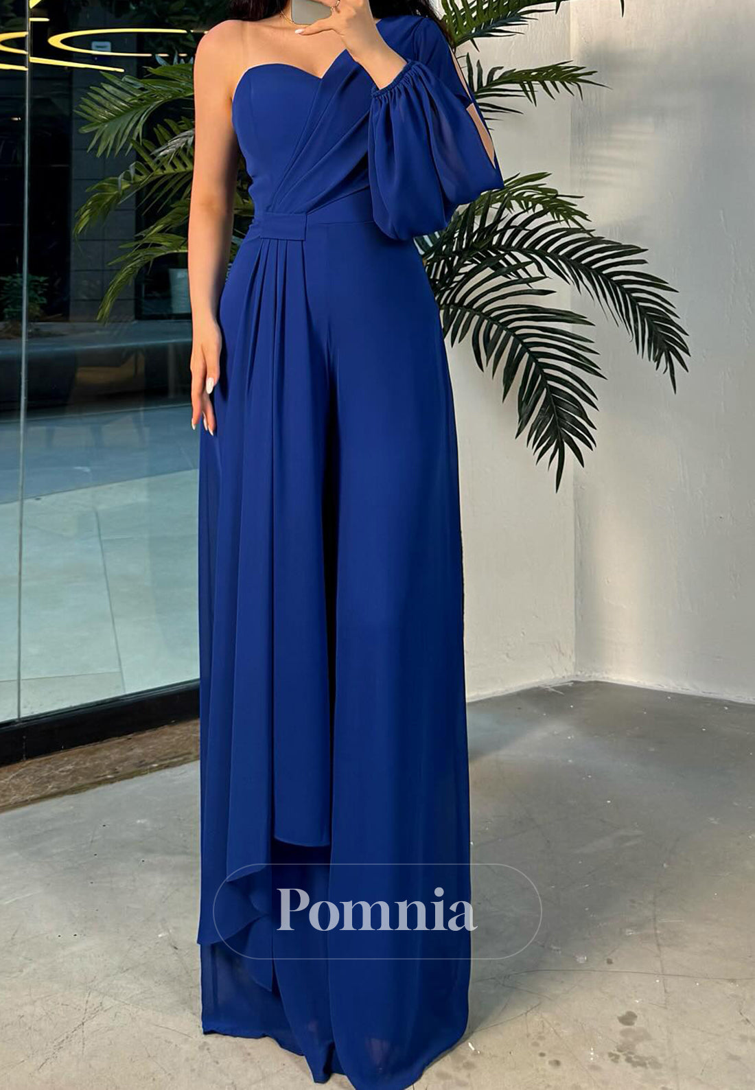 Simple Jumpsuit One Shoulder Long Sleeves Empire-Waist  Prom Dress