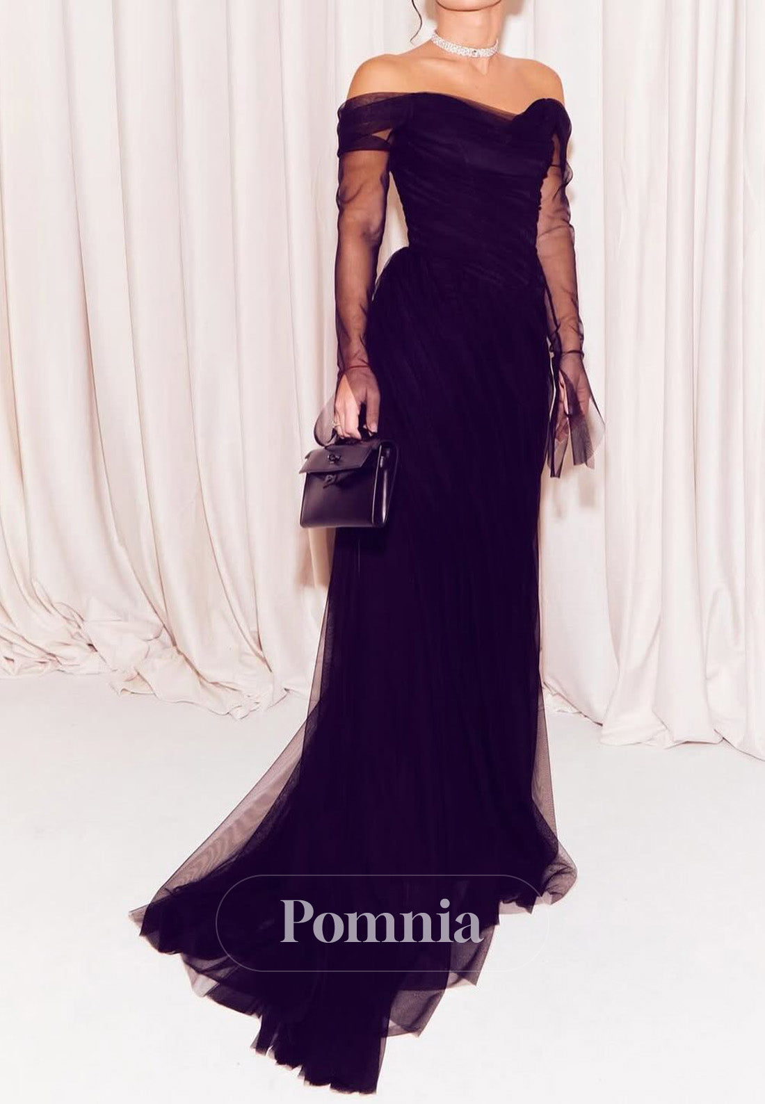 Simple Long Sleeves Off-Shoulder Ruched Lace Evening Dress