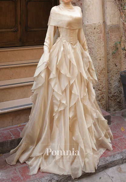 Simple Long Sleeves Scoop Ruffles A-Line Evening Dress