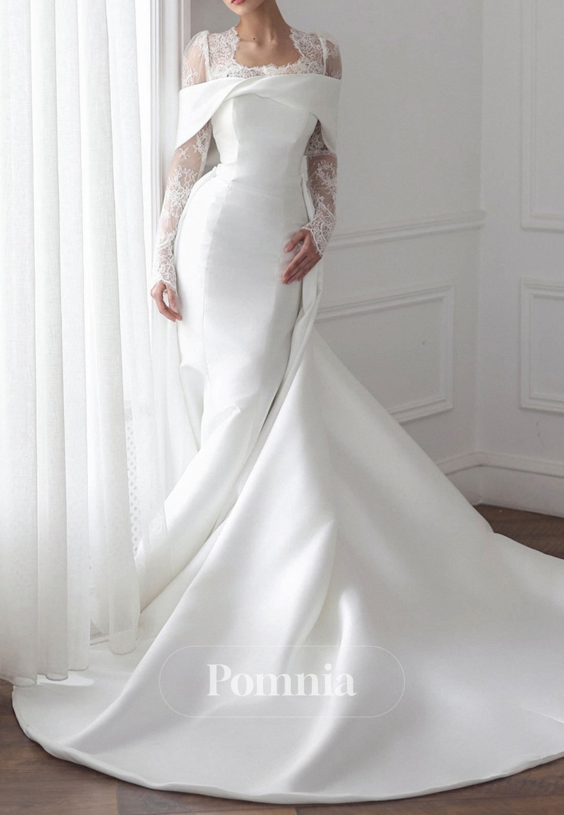 Simple Long Sleeves Square Sweep Train Wedding Dress