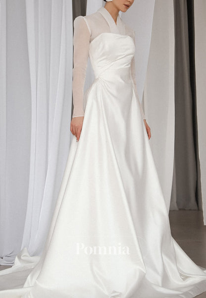 Simple Long Sleeves V-Neck  Empire-Waist Ruched Wedding Dress