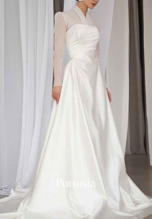 Simple Long Sleeves V-Neck  Empire-Waist Ruched Wedding Dress