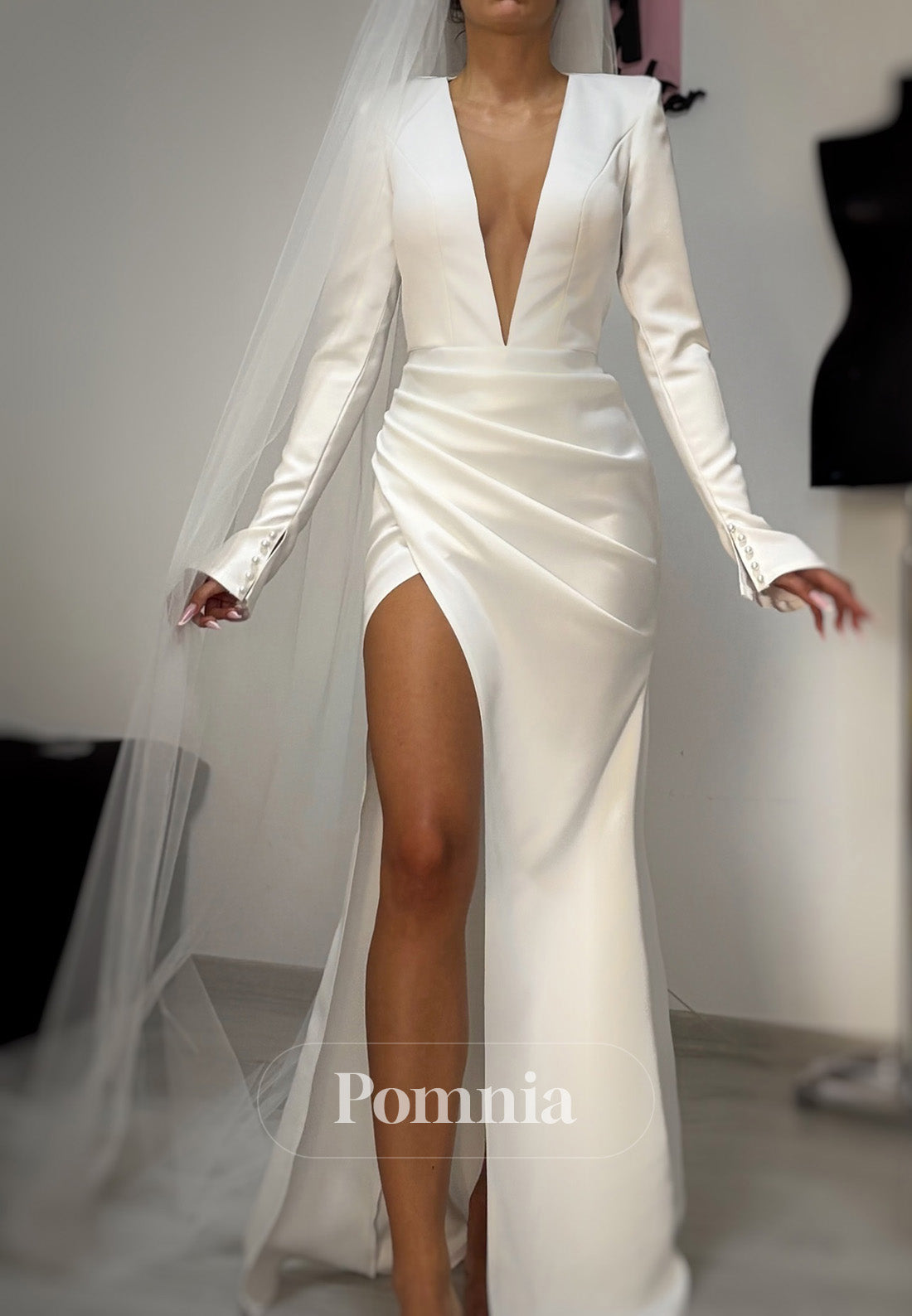 Simple Long Sleeves V-Neck Slit Ruched Wedding Dress