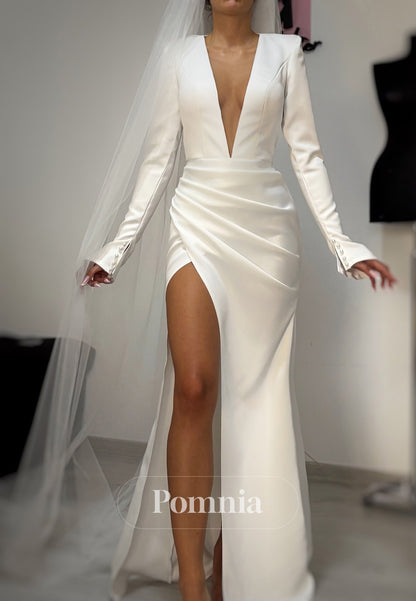 Simple Long Sleeves V-Neck Slit Ruched Wedding Dress