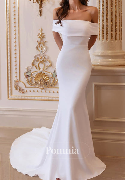 Simple Off-Shoulder Sweep Train Satin Wedding Dress