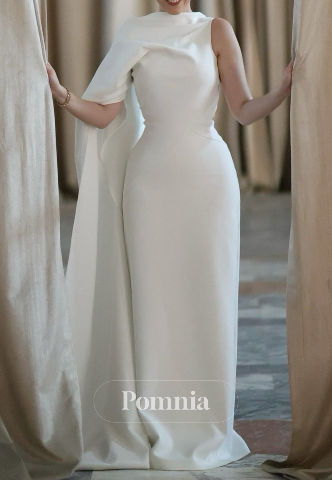 Simple One Shoulder Cap Sleeves A-Line Wedding Dress