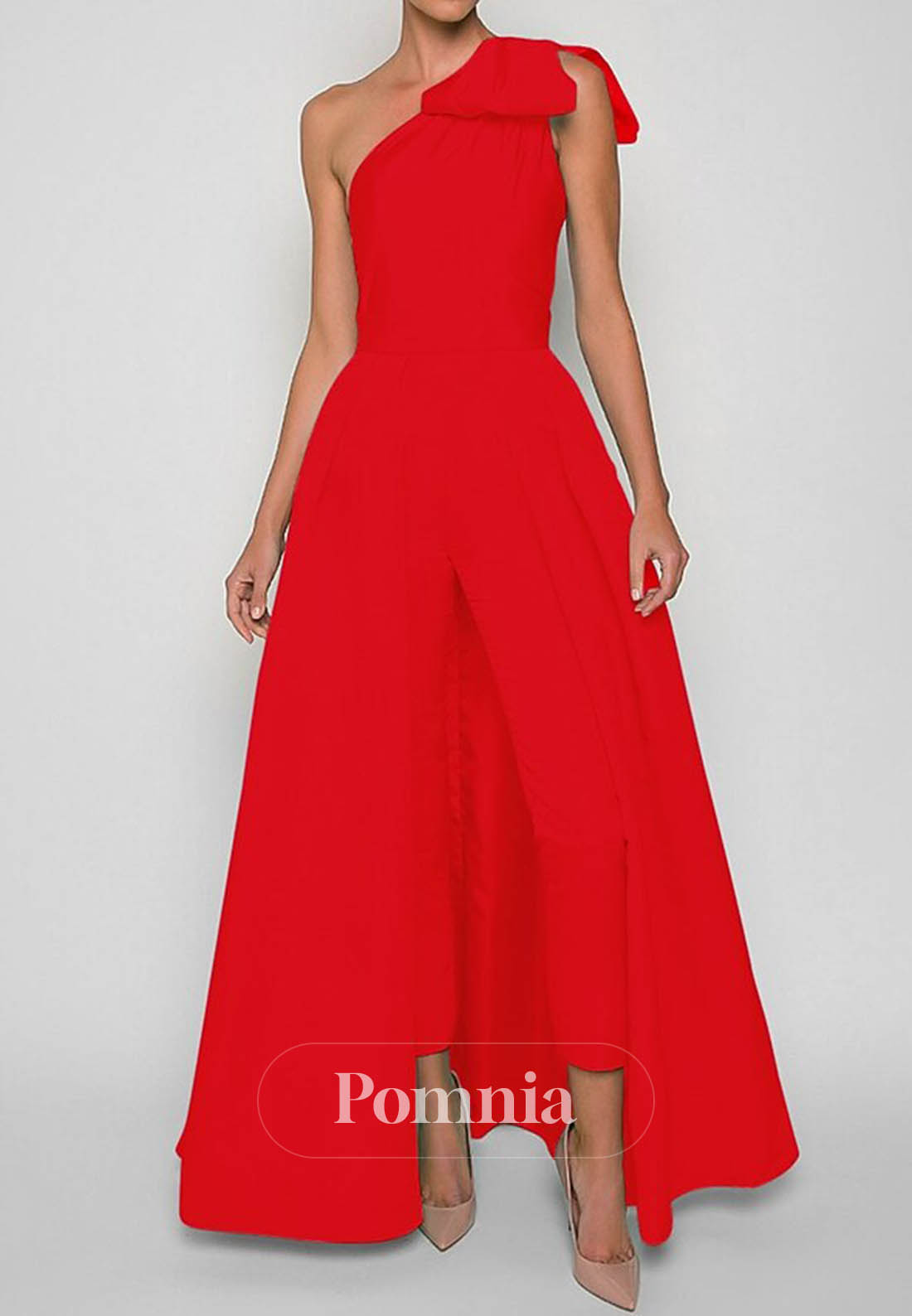 Simple One Shoulder Sleeveless Jumpsuit Satin Evening Dress