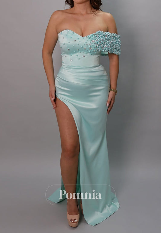 Simple One Shoulder Slit Ruched Sequins Prom Dress