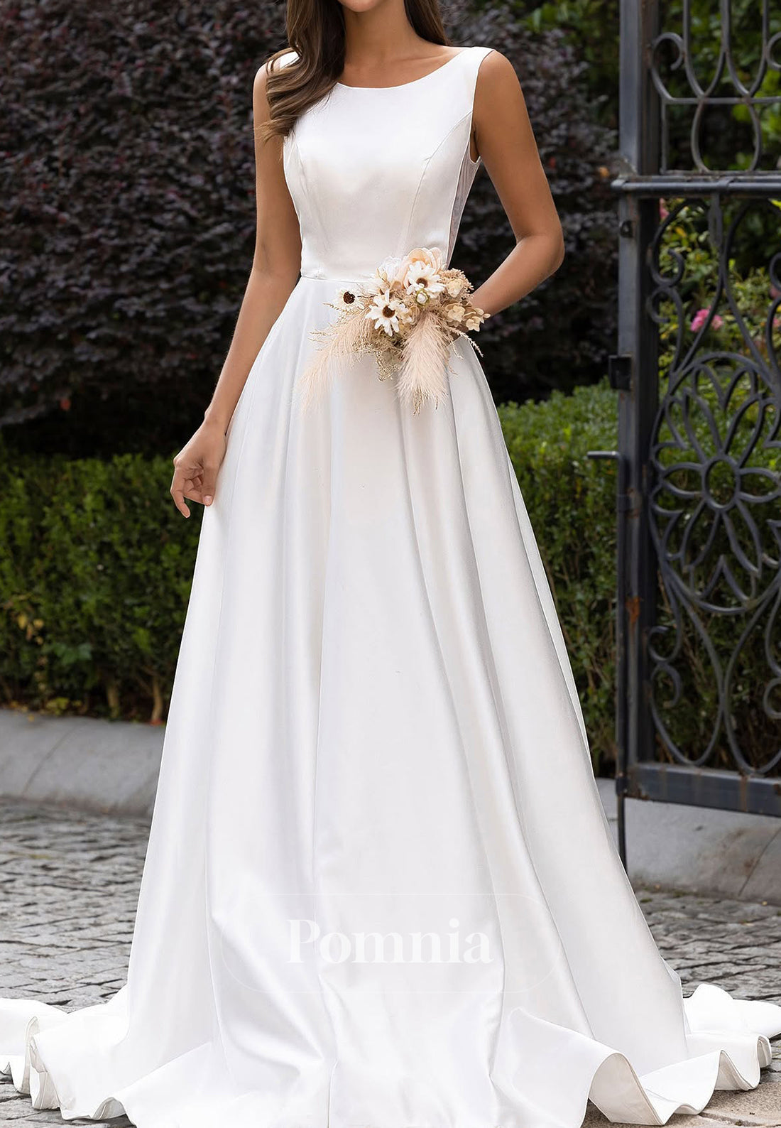 Simple Scoop Sleeveless Backless Satin Wedding Dress