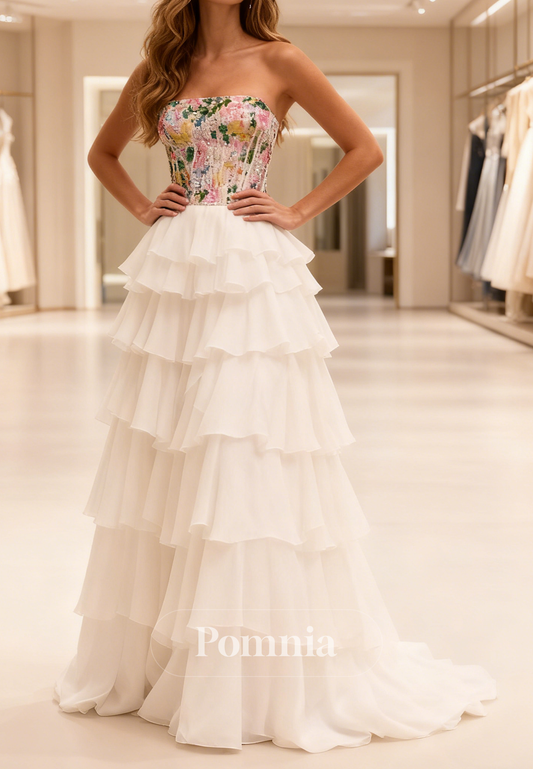 Simple Sleeveless Strapless Ruffles Prom Dress