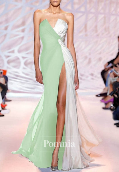 Simple Sleeveless Strapless Slit A-Line Evening Dress