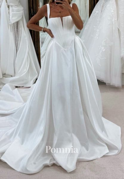 Simple Spaghetti Straps Square Empire-Waist Satin Wedding Dress