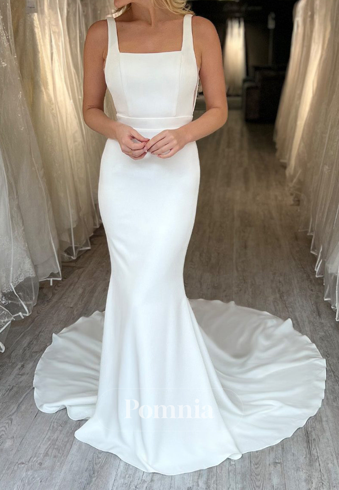 Simple Spaghetti Straps Square Mermaid Satin Wedding Dress