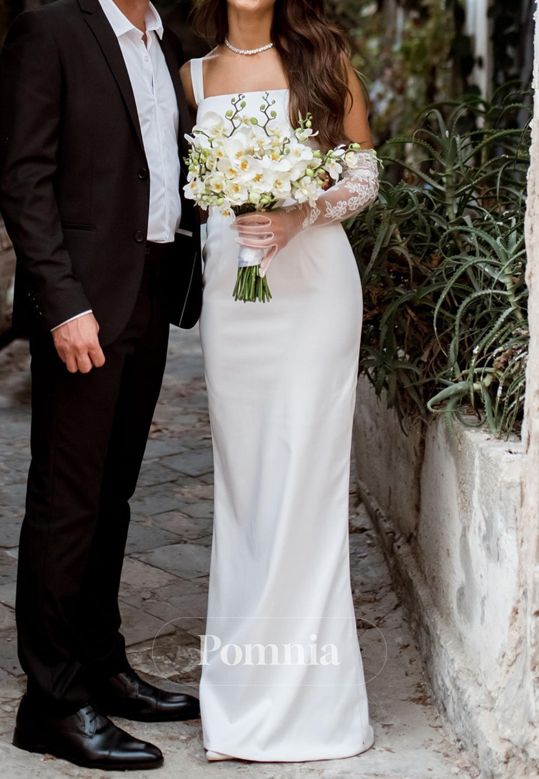 Simple Spaghetti Straps Square Sheath Slit Wedding Dress