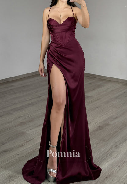Simple Spaghetti Straps Sweetheart Slit Ruched Prom Dress