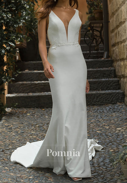 Simple Spaghetti Straps V-Neck Appliques Satin Wedding Dress