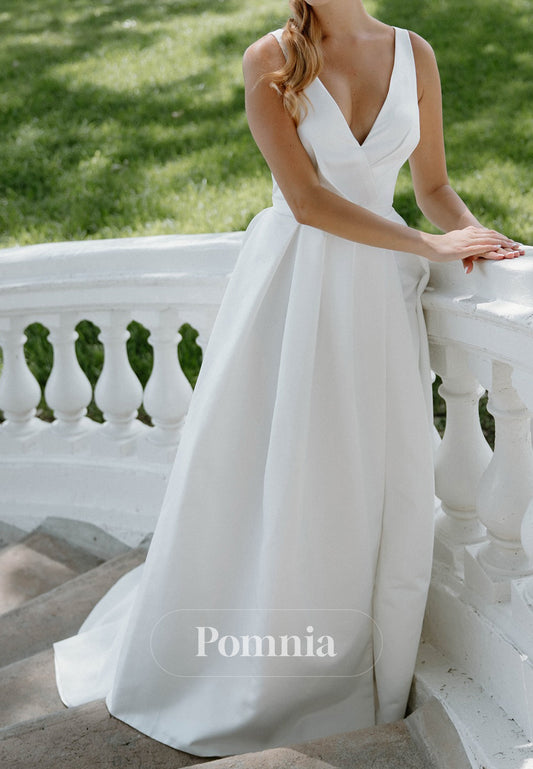 Simple Spaghetti Straps V-Neck Backless A-Line Wedding Dress