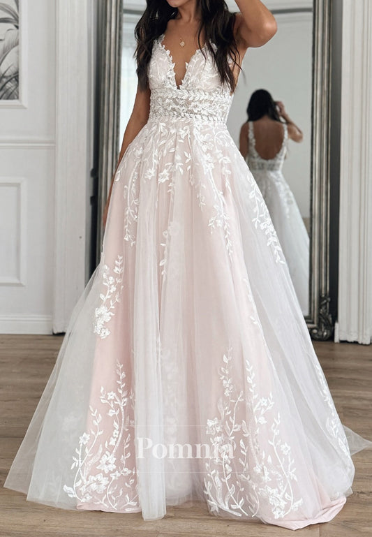 Simple Spaghetti Straps V-Neck Floral Appliques Wedding Dress