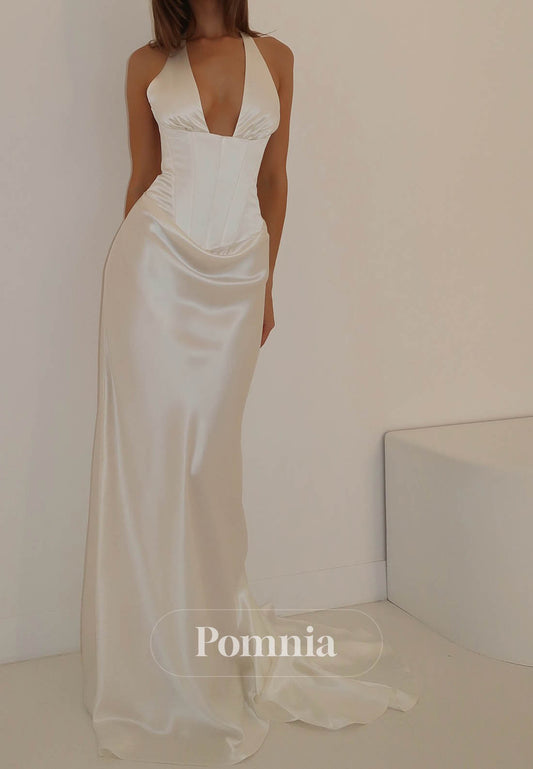 Simple Spaghetti Straps V-Neck Sheath Ruched Wedding Dress