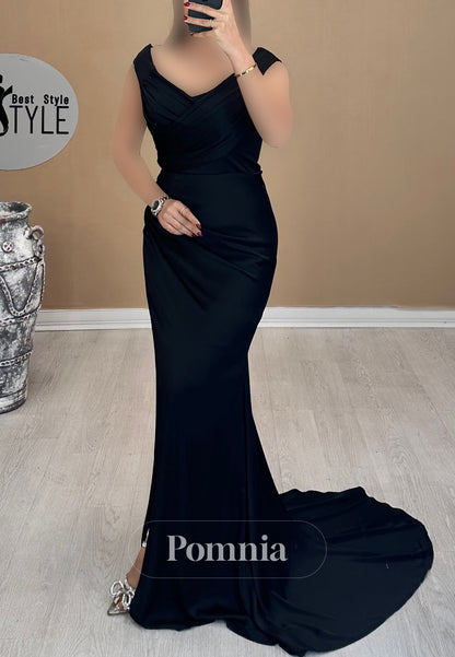 Simple Spaghetti Straps V-Neck Sweep Train Evening Dress