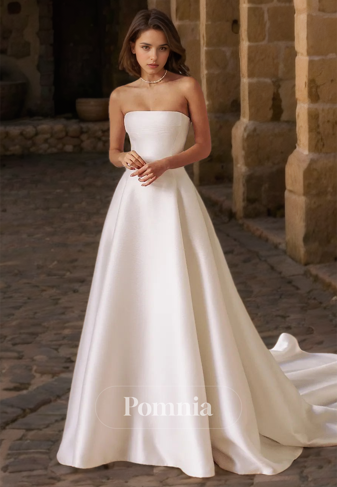 Simple Strapless Sleeveless Empire-Waist Court Train Satin Wedding Dress