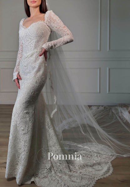 Simple ong Sleeves Sweetheart Sweep Train Lace Wedding Dress