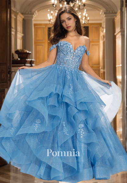 Sky Blue A-Line Off-Shoulder Prom Dress with Ruffles Tiered Appliques Evening Party Dress