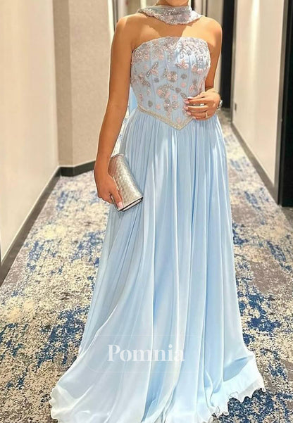 Sky Blue A-Line Sleeveless Strapless Appliques Prom Dress