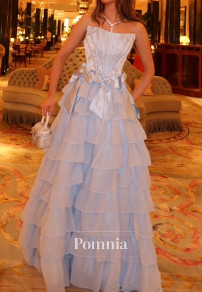 Sky Blue A-Line Sleeveless Strapless Ruffles Prom Dress