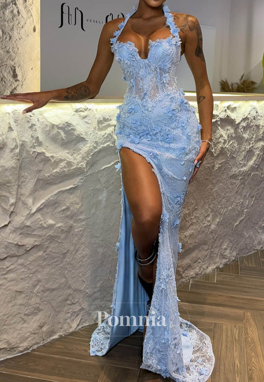 Sky Blue Halter Sleeveless Slit Lace Prom Dress