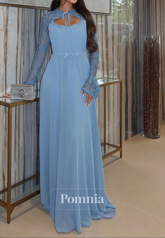 Sky Blue Long Sleeves High Neck Empire-Waist Prom Dress