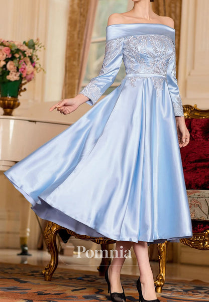 Sky Blue Long Sleeves Of-Shoulder Empire-Waist Mother of the Bride Dress